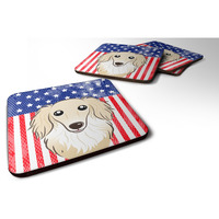 "Caroline's Treasures BB2142FC American Flag And Longhair Creme Dachshund Foam Coaster (Set of 4), 3.5"", Multicolor"