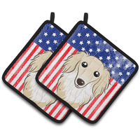 "Caroline's Treasures American Flag & Longhair Creme Dachshund Pair of Pot Holders BB2142PTHD, 7.5HX7.5W, Multicolor"