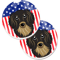 "Caroline's Treasures American Flag & Longhair black & Tan Dachshund Set of 2 Cup Holder Car Coasters BB2143CARC, 2.56, Multicolor"