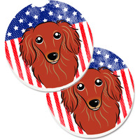 "Caroline's Treasures American Flag & Longhair Red Dachshund Set of 2 Cup Holder Car Coasters BB2144CARC, 2.56, Multicolor"