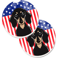 "Caroline's Treasures American Flag & Smooth black & Tan Dachshund Set of 2 Cup Holder Car Coasters BB2145CARC, 2.56, Multicolor"