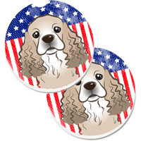 "Caroline's Treasures American Flag & Cocker Spaniel Set of 2 Cup Holder Car Coasters BB2146CARC, 2.56, Multicolor"