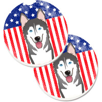 "Caroline's Treasures American Flag & Alaskan Malamute Set of 2 Cup Holder Car Coasters BB2148CARC, 2.56, Multicolor"