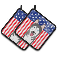 "Caroline's Treasures American Flag & Alaskan Malamute Pair of Pot Holders BB2148PTHD, 7.5HX7.5W, Multicolor"