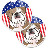 "Caroline's Treasures American Flag & English Bulldog Set of 2 Cup Holder Car Coasters BB2149CARC, 2.56, Multicolor"