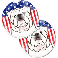 "Caroline's Treasures American Flag & White English Bulldog Set of 2 Cup Holder Car Coasters BB2150CARC, 2.56, Multicolor"