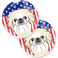 "Caroline's Treasures American Flag & Pekingese Set of 2 Cup Holder Car Coasters BB2151CARC, 2.56, Multicolor"