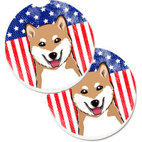 "Caroline's Treasures American Flag & Shiba Inu Set of 2 Cup Holder Car Coasters BB2155CARC, 2.56, Multicolor"