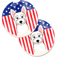 "Caroline's Treasures American Flag & Westie Set of 2 Cup Holder Car Coasters BB2156CARC, 2.56, Multicolor"