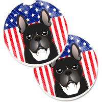 "Caroline's Treasures American Flag & French Bulldog Set of 2 Cup Holder Car Coasters BB2157CARC, 2.56, Multicolor"