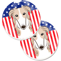 "Caroline's Treasures American Flag & Borzoi Set of 2 Cup Holder Car Coasters BB2158CARC, 2.56, Multicolor"