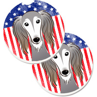 "Caroline's Treasures American Flag & Saluki Set of 2 Cup Holder Car Coasters BB2159CARC, 2.56, Multicolor"