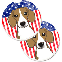 "Caroline's Treasures American Flag & Beagle Set of 2 Cup Holder Car Coasters BB2169CARC, 2.56, Multicolor"
