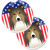 "Caroline's Treasures American Flag & Sheltie Set of 2 Cup Holder Car Coasters BB2172CARC, 2.56, Multicolor"