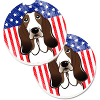 "Caroline's Treasures American Flag & Basset Hound Set of 2 Cup Holder Car Coasters BB2173CARC, 2.56, Multicolor"