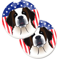 "Caroline's Treasures American Flag & Saint Bernard Set of 2 Cup Holder Car Coasters BB2176CARC, 2.56, Multicolor"