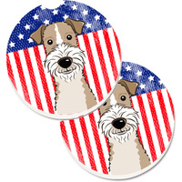 "Caroline's Treasures American Flag & Wire Haired Fox Terrier Set of 2 Cup Holder Car Coasters BB2177CARC, 2.56, Multicolor"