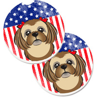 "Caroline's Treasures American Flag & Chocolate Brown Shih Tzu Set of 2 Cup Holder Car Coasters BB2179CARC, 2.56, Multicolor"