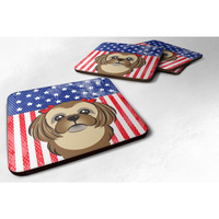 "Caroline's Treasures BB2179FC American Flag And Chocolate Brown Shih Tzu Foam Coaster (Set of 4), 3.5"", Multicolor"