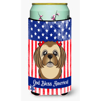 "Caroline's Treasures BB2179TBC ""God Bless American Flag with Chocolate Brown Shih Tzu"" Tall Boy Hugger Koozie, Multicolor"