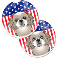 "Caroline's Treasures American Flag & Gray Silver Shih Tzu Set of 2 Cup Holder Car Coasters BB2180CARC, 2.56, Multicolor"