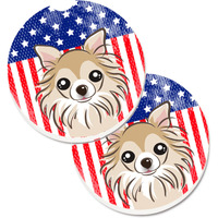"Caroline's Treasures American Flag & Chihuahua Set of 2 Cup Holder Car Coasters BB2181CARC, 2.56, Multicolor"
