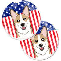 "Caroline's Treasures American Flag & Sable Corgi Set of 2 Cup Holder Car Coasters BB2183CARC, 2.56, Multicolor"