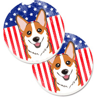 "Caroline's Treasures American Flag & Red Corgi Set of 2 Cup Holder Car Coasters BB2184CARC, 2.56, Multicolor"