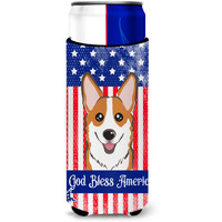 "Caroline's Treasures BB2184MUK ""God Bless American Flag with Red Corgi Michelob Ultra Koozies for Slim Cans, Multicolor"
