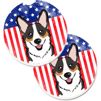 "Caroline's Treasures American Flag & Tricolor Corgi Set of 2 Cup Holder Car Coasters BB2185CARC, 2.56, Multicolor"