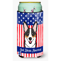 "Caroline's Treasures BB2185TBC ""God Bless American Flag with Tricolor Corgi"" Tall Boy Hugger Koozie, Multicolor"