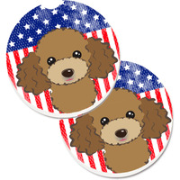 "Caroline's Treasures American Flag & Chocolate Brown Poodle Set of 2 Cup Holder Car Coasters BB2186CARC, 2.56, Multicolor"