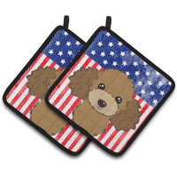 "Caroline's Treasures American Flag & Chocolate Brown Poodle Pair of Pot Holders BB2186PTHD, 7.5HX7.5W, Multicolor"