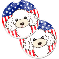 "Caroline's Treasures American Flag & White Poodle Set of 2 Cup Holder Car Coasters BB2187CARC, 2.56, Multicolor"