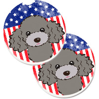 "Caroline's Treasures American Flag & Silver Gray Poodle Set of 2 Cup Holder Car Coasters BB2189CARC, 2.56, Multicolor"