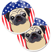 "Caroline's Treasures American Flag & Fawn Pug Set of 2 Cup Holder Car Coasters BB2192CARC, 2.56, Multicolor"