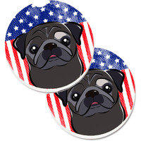 "Caroline's Treasures American Flag & black Pug Set of 2 Cup Holder Car Coasters BB2193CARC, 2.56, Multicolor"