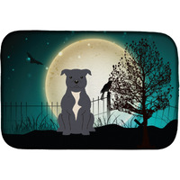 "Caroline's Treasures Halloween Scary Staffordshire Bull Terrier Blue Dish Drying Mat, 14"" x 21"""