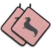 "Caroline's Treasures Dachshund Checkerboard Pink Pair of Pot Holders BB3582PTHD, 7.5HX7.5W, Multicolor"