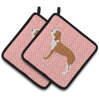 "Caroline's Treasures Spanish Hound Checkerboard Pink Pair of Pot Holders BB3591PTHD, 7.5HX7.5W, Multicolor"