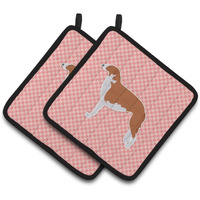 "Caroline's Treasures Borzoi Russian Greyhound Checkerboard Pink Pair of Pot Holders BB3599PTHD, 7.5HX7.5W, Multicolor"