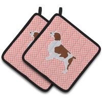 "Caroline's Treasures Welsh Springer Spaniel Checkerboard Pink Pair of Pot Holders BB3600PTHD, 7.5HX7.5W, Multicolor"