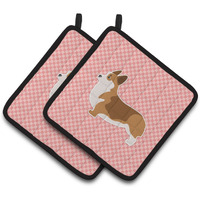 "Caroline's Treasures Corgi Checkerboard Pink Pair of Pot Holders BB3620PTHD, 7.5HX7.5W, Multicolor"