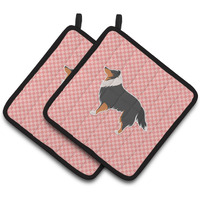 "Caroline's Treasures Sheltie/Shetland Sheepdog Checkerboard Pink Pair of Pot Holders BB3630PTHD, 7.5HX7.5W, Multicolor"