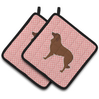 "Caroline's Treasures Portuguese Sheepdog Dog Checkerboard Pink Pair of Pot Holders BB3631PTHD, 7.5HX7.5W, Multicolor"