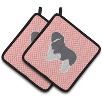 "Caroline's Treasures BB3632PTHD Polish Lowland Sheepdog Dog Checkerboard Pink Pair of Pot Holders, 7.5H"" x 7.5"" W, Multicolor"