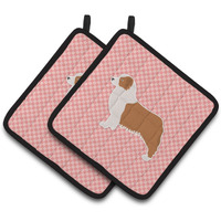 "Caroline's Treasures Australian Shepherd Dog Checkerboard Pink Pair of Pot Holders BB3633PTHD, 7.5HX7.5W, Multicolor"