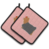 "Caroline's Treasures Yorkshire Terrier Yorkie Checkerboard Pink Pair of Pot Holders BB3634PTHD, 7.5HX7.5W, Multicolor"