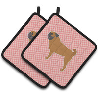 "Caroline's Treasures Pug Checkerboard Pink Pair of Pot Holders BB3647PTHD, 7.5HX7.5W, Multicolor"