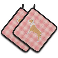 "Caroline's Treasures Staffordshire Bull Terrier Checkerboard Pink Pair of Pot Holders BB3654PTHD, 7.5HX7.5W, Multicolor"